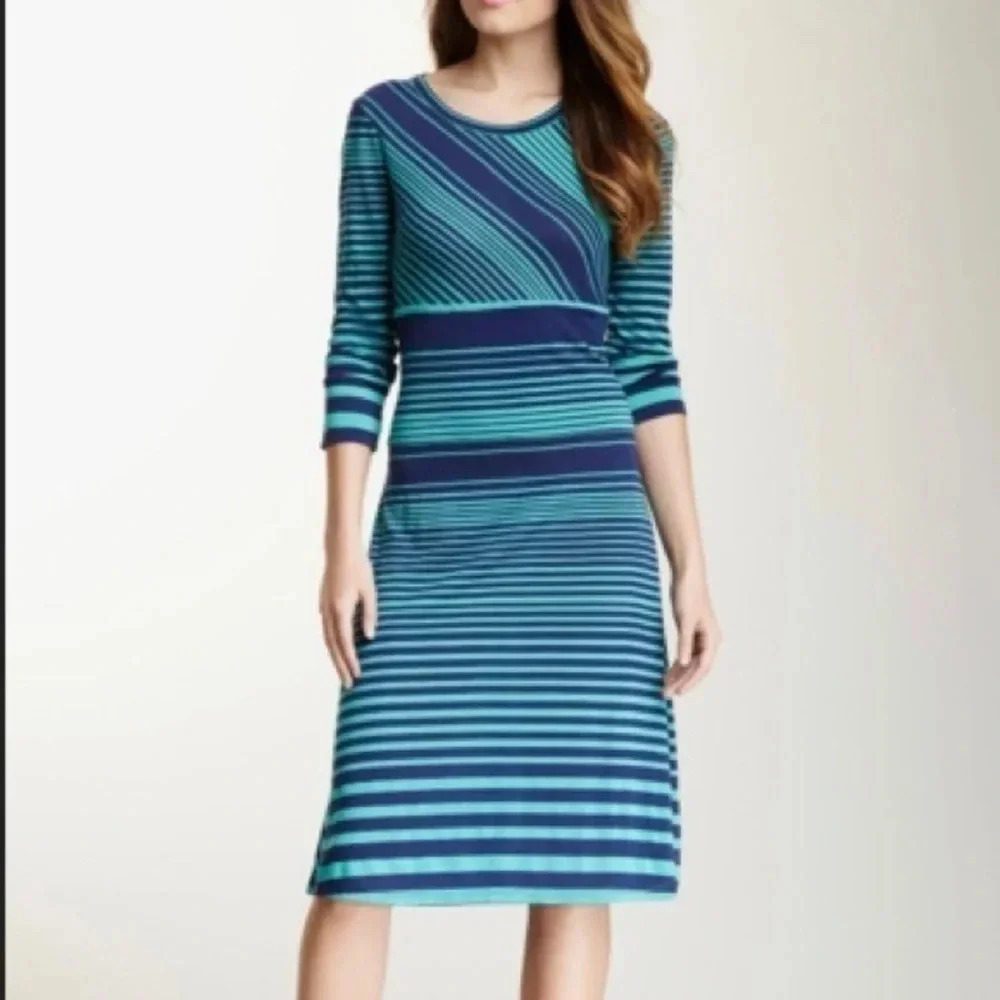 BCBGMAXAZRIA Cintia Teal Sea Blue Green Stripe Shift Dress Open Back Size Large